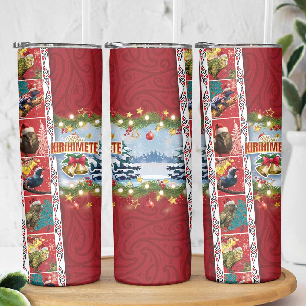 New Zealand Merry Christmas Skinny Tumbler Maori Animals Xmas Style and Koru Tattoo Red Color LT03 - Polynesian Pride