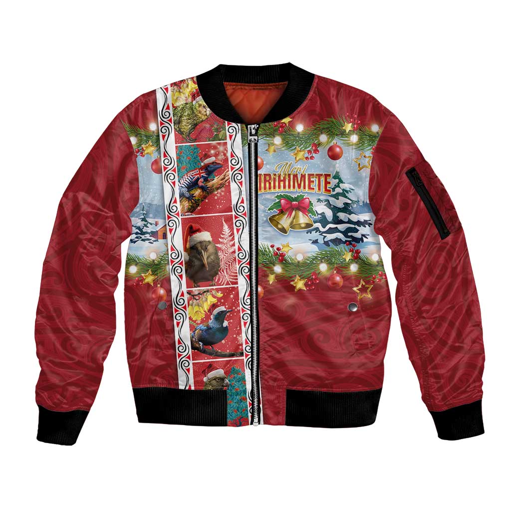 New Zealand Merry Christmas Sleeve Zip Bomber Jacket Maori Animals, Koru Tattoo - Red Xmas Style LT03 Unisex Red - Polynesian Pride