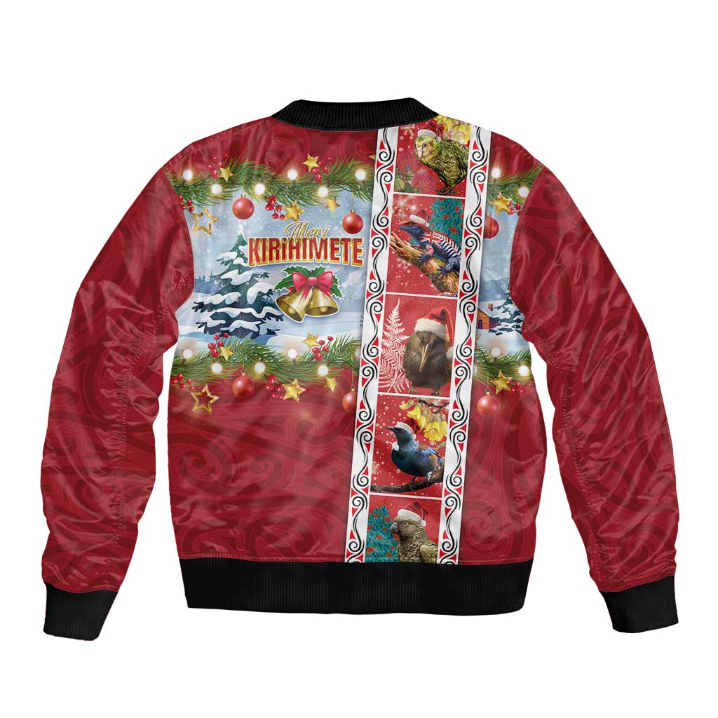 New Zealand Merry Christmas Sleeve Zip Bomber Jacket Maori Animals, Koru Tattoo - Red Xmas Style LT03 - Polynesian Pride