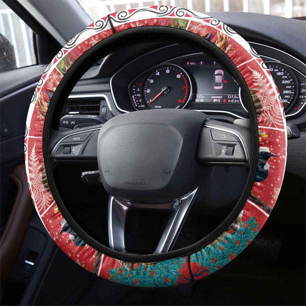 New Zealand Merry Christmas Steering Wheel Cover Maori Animals, Koru Tattoo - Red Xmas Style LT03 - Polynesian Pride