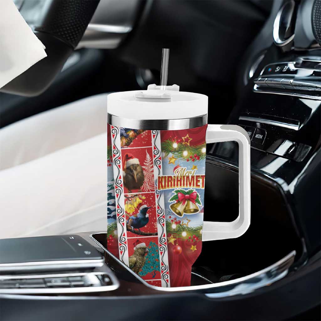New Zealand Merry Christmas Tumbler With Handle Maori Animals Xmas Style and Koru Tattoo Red Color LT03 - Polynesian Pride