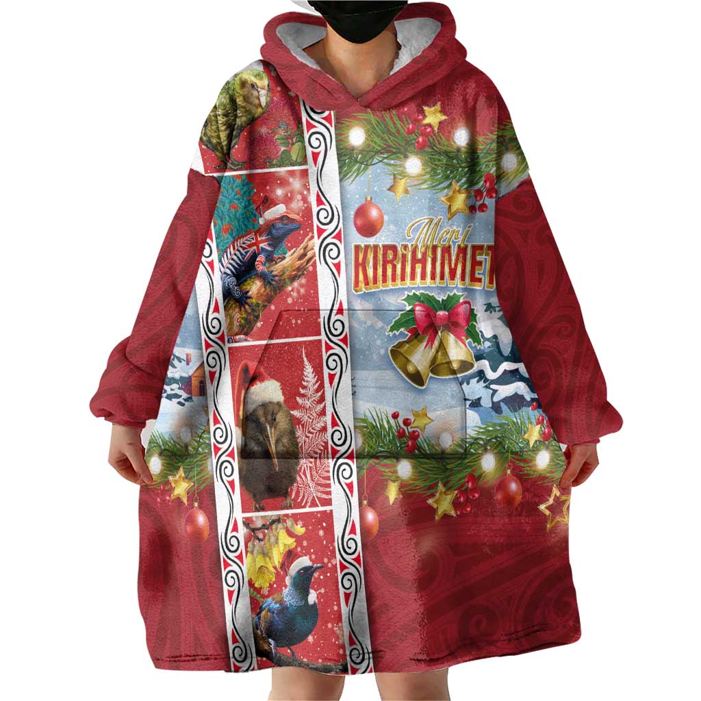 New Zealand Merry Christmas Wearable Blanket Hoodie Maori Animals, Koru Tattoo - Red Xmas Style LT03 - Polynesian Pride