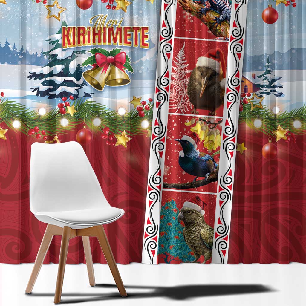 New Zealand Merry Christmas Window Curtain Maori Animals, Koru Tattoo - Red Xmas Style LT03 - Polynesian Pride