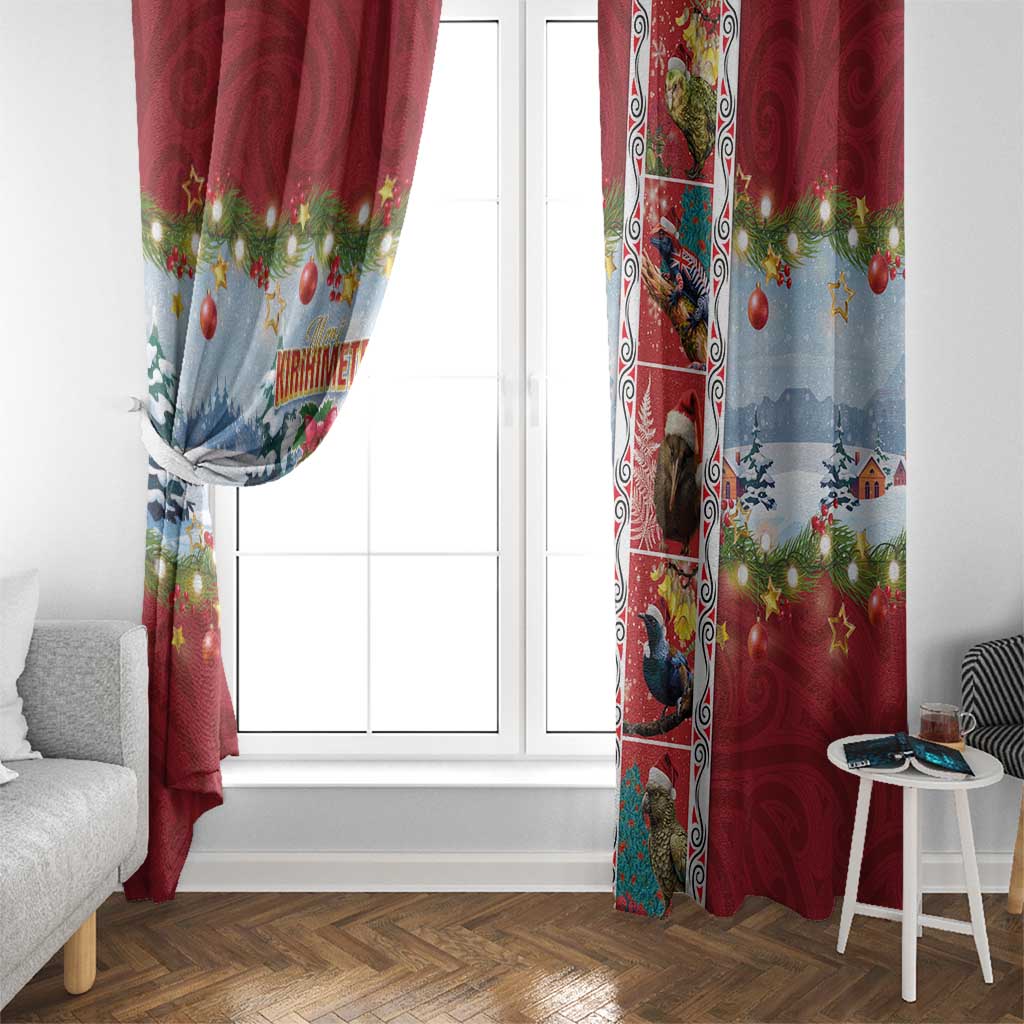 New Zealand Merry Christmas Window Curtain Maori Animals, Koru Tattoo - Red Xmas Style LT03 - Polynesian Pride