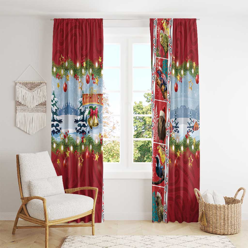 New Zealand Merry Christmas Window Curtain Maori Animals, Koru Tattoo - Red Xmas Style LT03 - Polynesian Pride