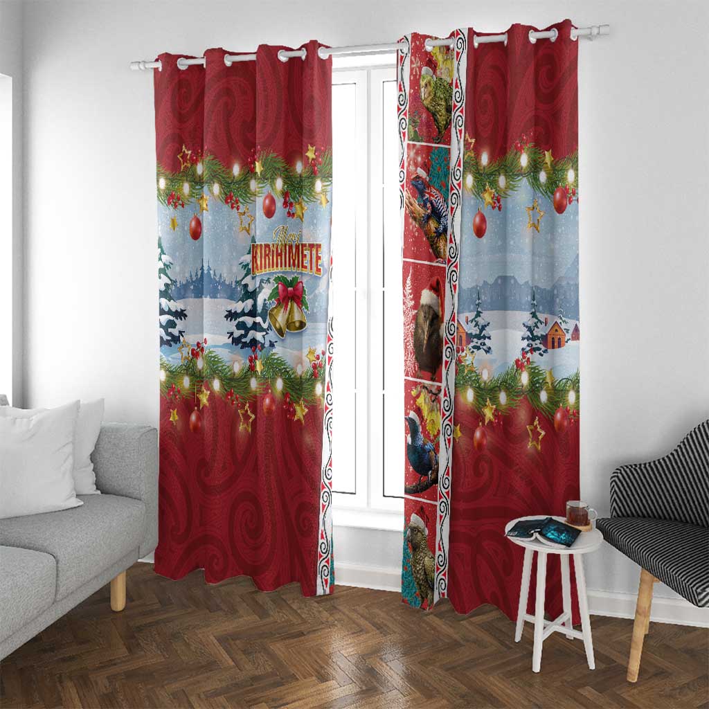 New Zealand Merry Christmas Window Curtain Maori Animals, Koru Tattoo - Red Xmas Style LT03 With Grommets Red - Polynesian Pride