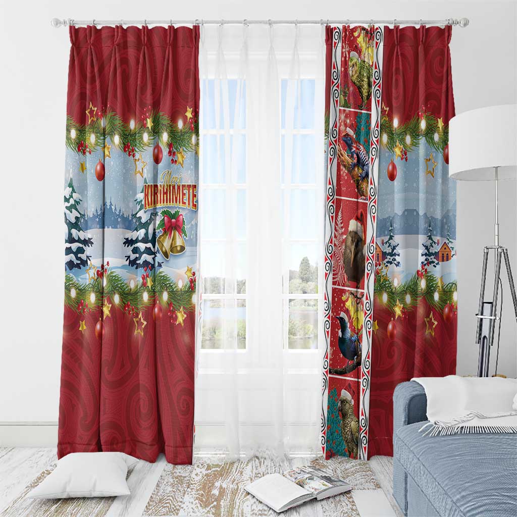 New Zealand Merry Christmas Window Curtain Maori Animals, Koru Tattoo - Red Xmas Style LT03 - Polynesian Pride