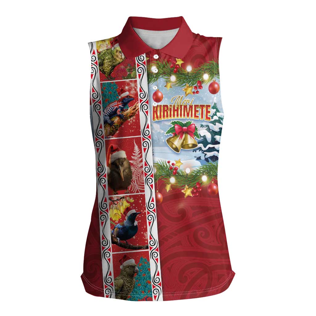 New Zealand Merry Christmas Women Sleeveless Polo Shirt Maori Animals, Koru Tattoo - Red Xmas Style LT03 Female Red - Polynesian Pride