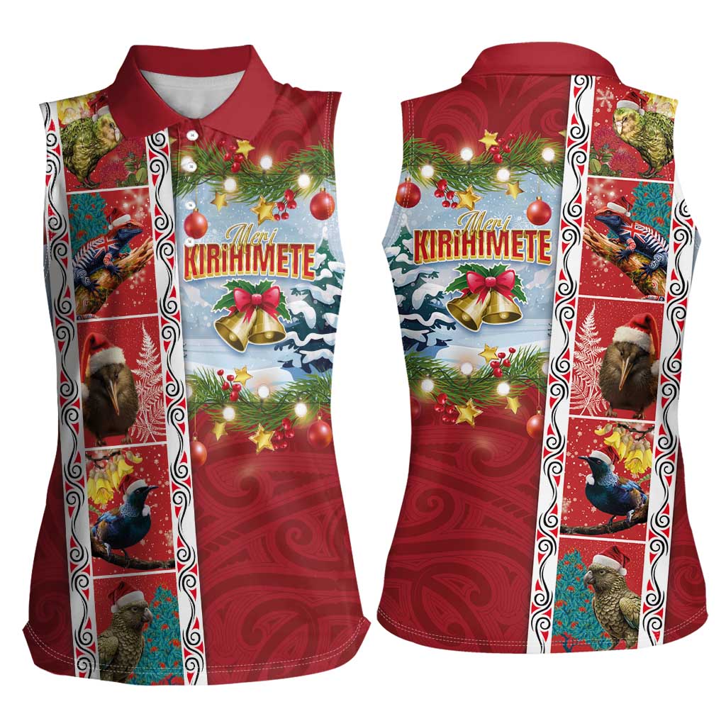 New Zealand Merry Christmas Women Sleeveless Polo Shirt Maori Animals, Koru Tattoo - Red Xmas Style LT03 - Polynesian Pride