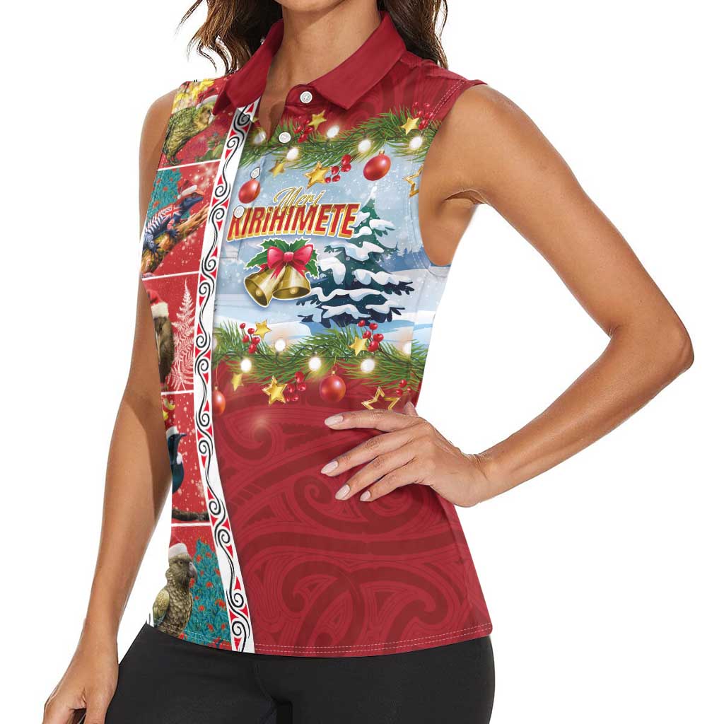 New Zealand Merry Christmas Women Sleeveless Polo Shirt Maori Animals, Koru Tattoo - Red Xmas Style LT03 - Polynesian Pride