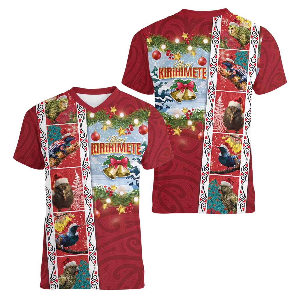 New Zealand Merry Christmas Women V-Neck T-Shirt Maori Animals, Koru Tattoo - Red Xmas Style LT03 - Polynesian Pride