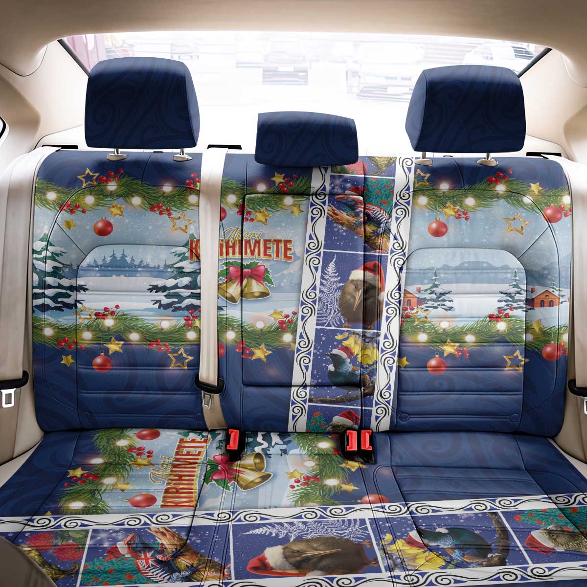 New Zealand Merry Christmas Back Car Seat Cover Maori Animals, Koru Tattoo - Blue Xmas Style LT03 - Polynesian Pride