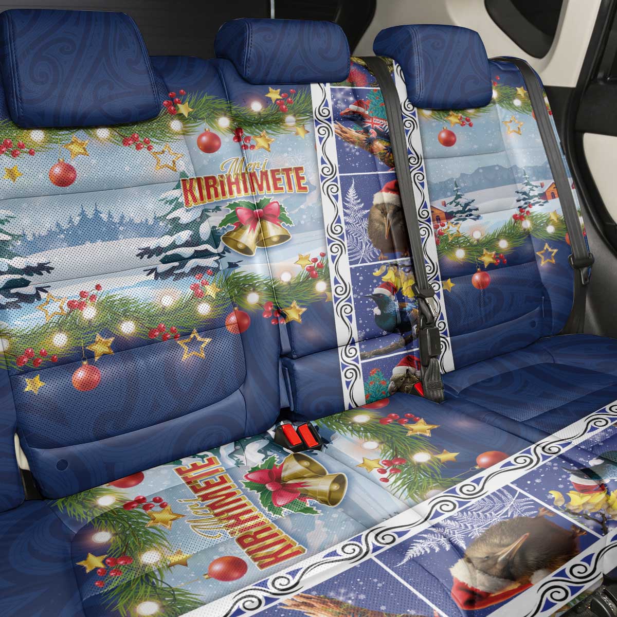 New Zealand Merry Christmas Back Car Seat Cover Maori Animals, Koru Tattoo - Blue Xmas Style LT03 - Polynesian Pride