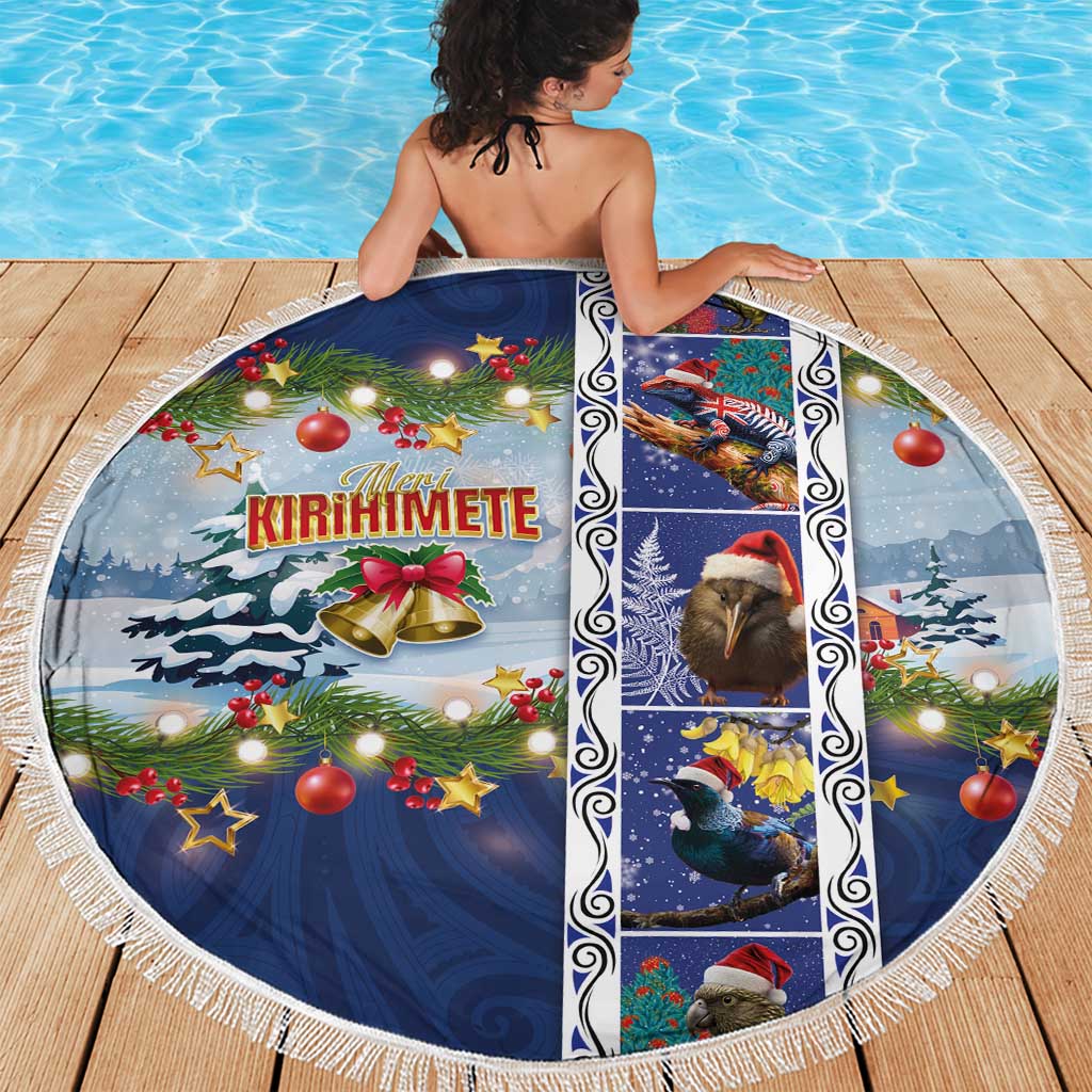 New Zealand Merry Christmas Beach Blanket Maori Animals, Koru Tattoo - Blue Xmas Style LT03 - Polynesian Pride