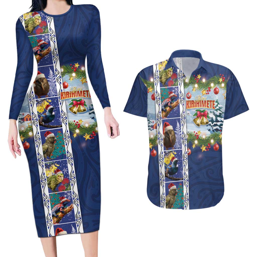 New Zealand Merry Christmas Couples Matching Long Sleeve Bodycon Dress and Hawaiian Shirt Maori Animals, Koru Tattoo - Blue Xmas Style LT03 Blue - Polynesian Pride