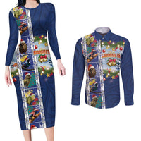 New Zealand Merry Christmas Couples Matching Long Sleeve Bodycon Dress and Long Sleeve Button Shirt Maori Animals, Koru Tattoo - Blue Xmas Style LT03 Blue - Polynesian Pride