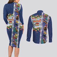 New Zealand Merry Christmas Couples Matching Long Sleeve Bodycon Dress and Long Sleeve Button Shirt Maori Animals, Koru Tattoo - Blue Xmas Style LT03 - Polynesian Pride