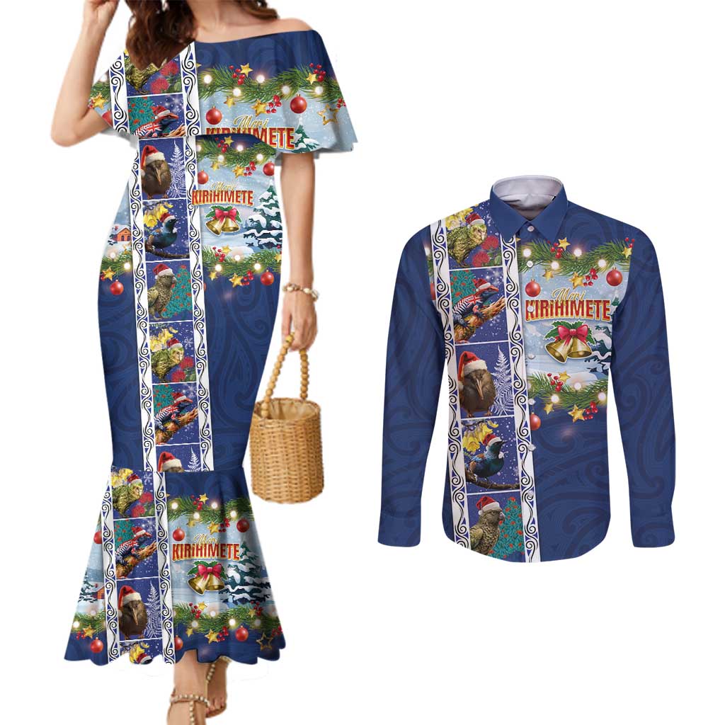 New Zealand Merry Christmas Couples Matching Mermaid Dress and Long Sleeve Button Shirt Maori Animals, Koru Tattoo - Blue Xmas Style LT03 Blue - Polynesian Pride