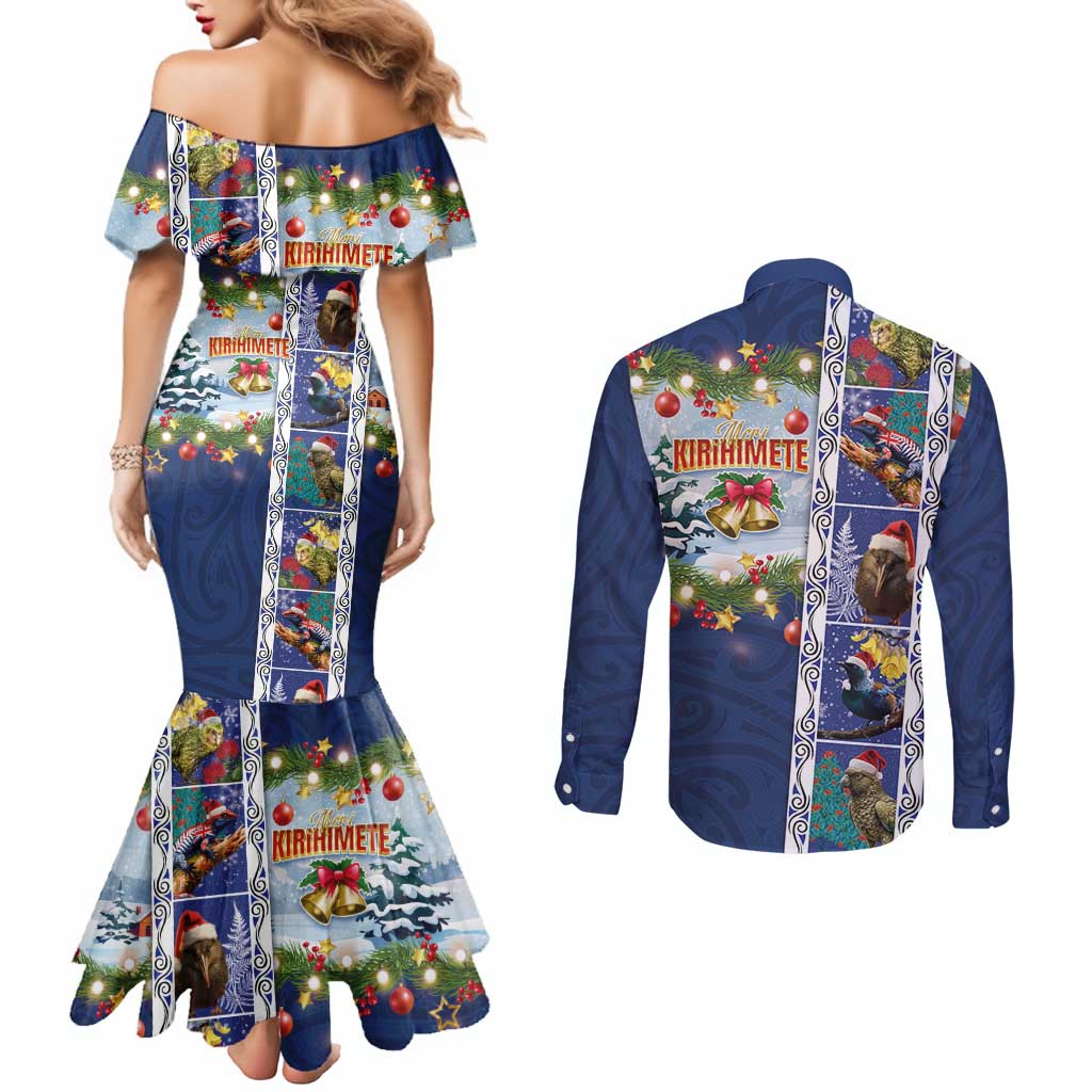 New Zealand Merry Christmas Couples Matching Mermaid Dress and Long Sleeve Button Shirt Maori Animals, Koru Tattoo - Blue Xmas Style LT03 - Polynesian Pride