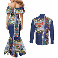 New Zealand Merry Christmas Couples Matching Mermaid Dress and Long Sleeve Button Shirt Maori Animals, Koru Tattoo - Blue Xmas Style LT03 - Polynesian Pride