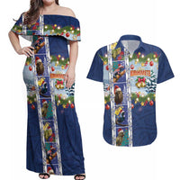 New Zealand Merry Christmas Couples Matching Off Shoulder Maxi Dress and Hawaiian Shirt Maori Animals, Koru Tattoo - Blue Xmas Style LT03 Blue - Polynesian Pride