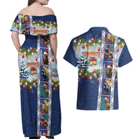 New Zealand Merry Christmas Couples Matching Off Shoulder Maxi Dress and Hawaiian Shirt Maori Animals, Koru Tattoo - Blue Xmas Style LT03 - Polynesian Pride