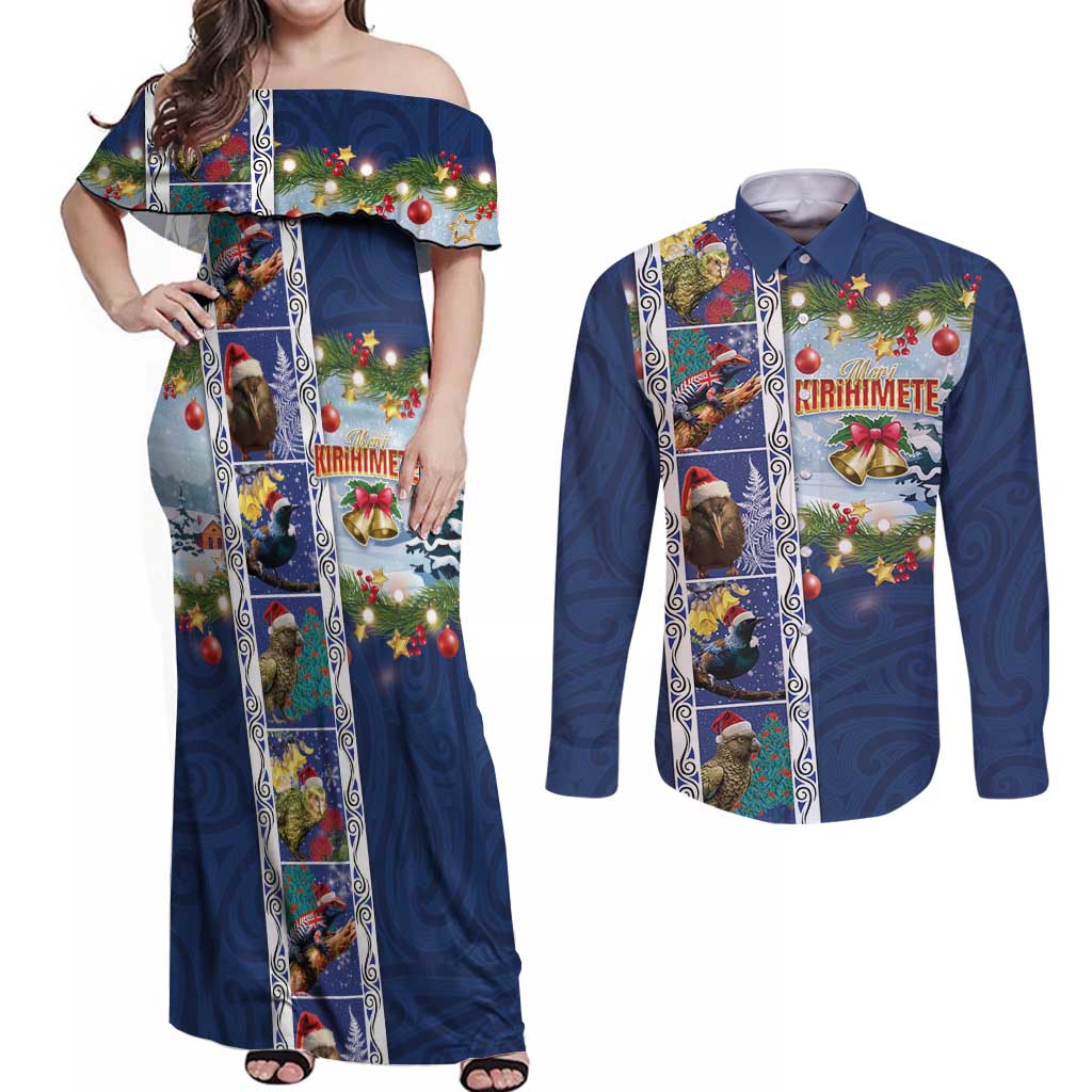 New Zealand Merry Christmas Couples Matching Off Shoulder Maxi Dress and Long Sleeve Button Shirt Maori Animals, Koru Tattoo - Blue Xmas Style LT03 Blue - Polynesian Pride