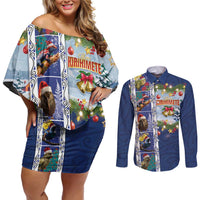 New Zealand Merry Christmas Couples Matching Off Shoulder Short Dress and Long Sleeve Button Shirt Maori Animals, Koru Tattoo - Blue Xmas Style LT03 Blue - Polynesian Pride