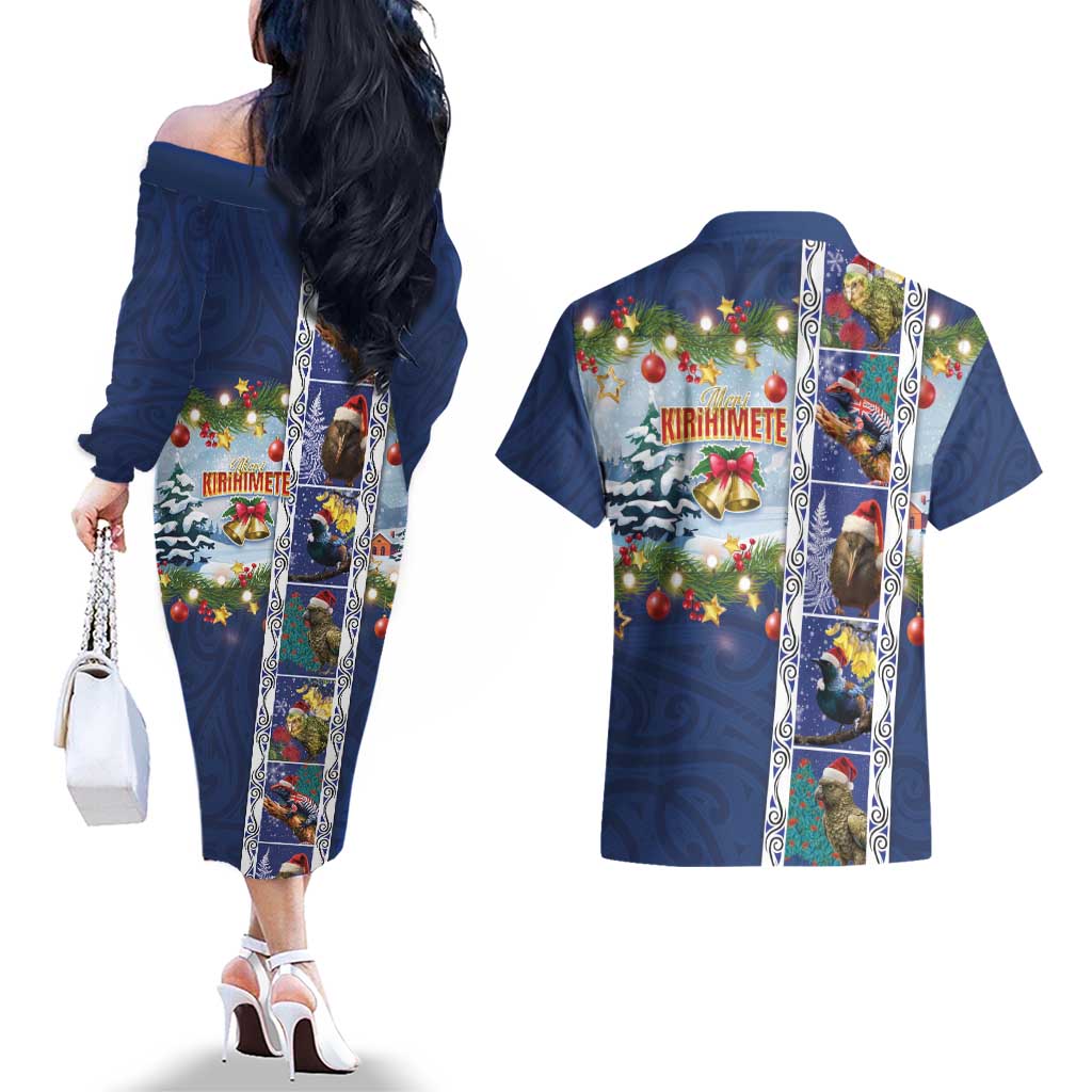 New Zealand Merry Christmas Couples Matching Off The Shoulder Long Sleeve Dress and Hawaiian Shirt Maori Animals, Koru Tattoo - Blue Xmas Style LT03 - Polynesian Pride