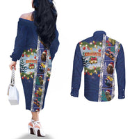 New Zealand Merry Christmas Couples Matching Off The Shoulder Long Sleeve Dress and Long Sleeve Button Shirt Maori Animals, Koru Tattoo - Blue Xmas Style LT03 - Polynesian Pride