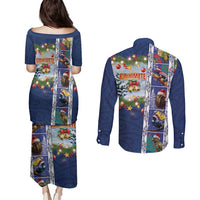 New Zealand Merry Christmas Couples Matching Puletasi and Long Sleeve Button Shirt Maori Animals, Koru Tattoo - Blue Xmas Style LT03 - Polynesian Pride