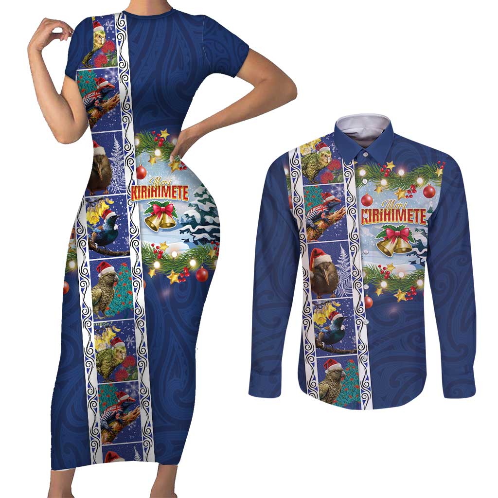 New Zealand Merry Christmas Couples Matching Short Sleeve Bodycon Dress and Long Sleeve Button Shirt Maori Animals, Koru Tattoo - Blue Xmas Style LT03 Blue - Polynesian Pride