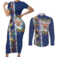 New Zealand Merry Christmas Couples Matching Short Sleeve Bodycon Dress and Long Sleeve Button Shirt Maori Animals, Koru Tattoo - Blue Xmas Style LT03 Blue - Polynesian Pride