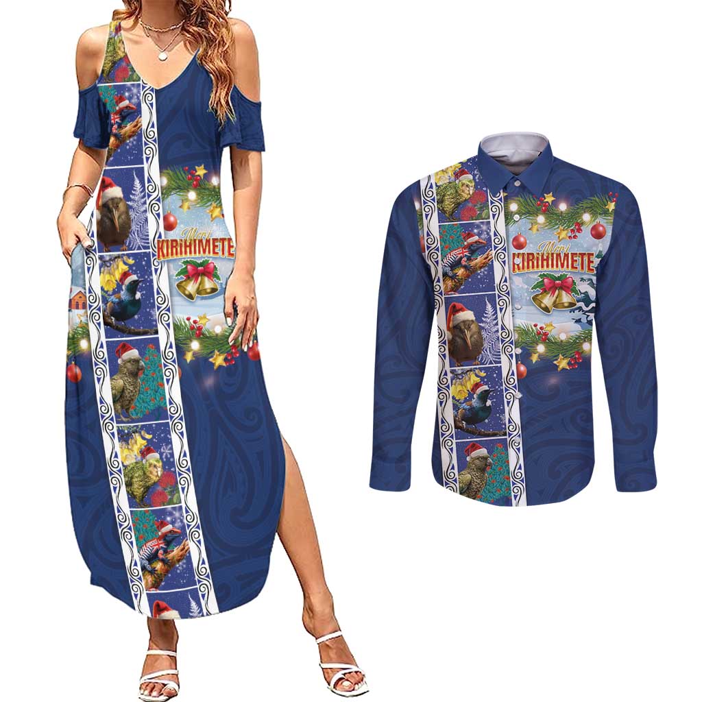 New Zealand Merry Christmas Couples Matching Summer Maxi Dress and Long Sleeve Button Shirt Maori Animals, Koru Tattoo - Blue Xmas Style LT03 Blue - Polynesian Pride