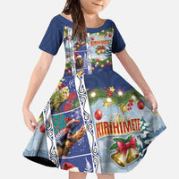 New Zealand Merry Christmas Family Matching Long Sleeve Bodycon Dress and Hawaiian Shirt Maori Animals, Koru Tattoo - Blue Xmas Style LT03 Daughter's Dress Blue - Polynesian Pride