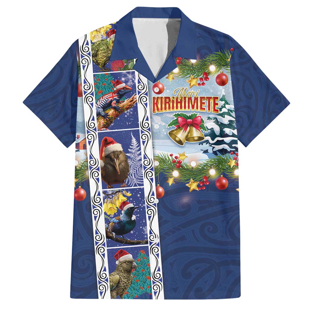 New Zealand Merry Christmas Family Matching Long Sleeve Bodycon Dress and Hawaiian Shirt Maori Animals, Koru Tattoo - Blue Xmas Style LT03 Dad's Shirt - Short Sleeve Blue - Polynesian Pride