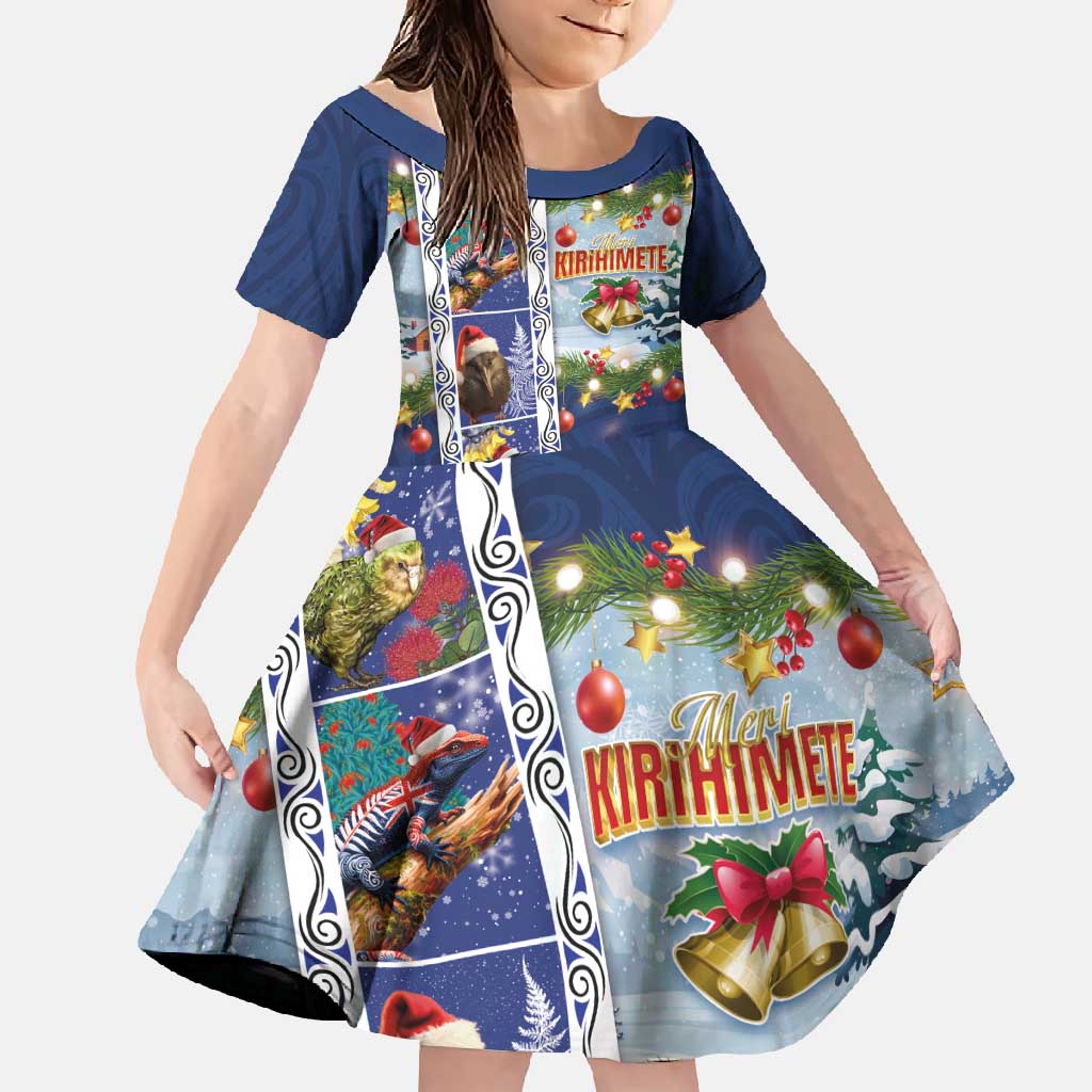 New Zealand Merry Christmas Family Matching Mermaid Dress and Hawaiian Shirt Maori Animals, Koru Tattoo - Blue Xmas Style LT03 Daughter's Dress Blue - Polynesian Pride
