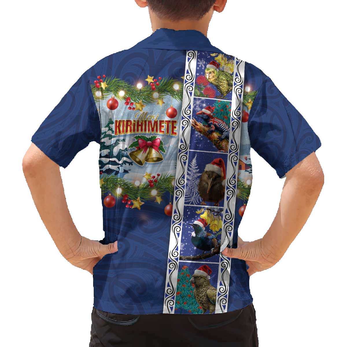 New Zealand Merry Christmas Family Matching Off The Shoulder Long Sleeve Dress and Hawaiian Shirt Maori Animals, Koru Tattoo - Blue Xmas Style LT03 - Polynesian Pride
