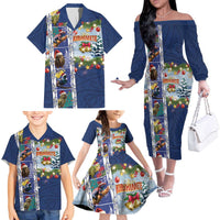 New Zealand Merry Christmas Family Matching Off The Shoulder Long Sleeve Dress and Hawaiian Shirt Maori Animals, Koru Tattoo - Blue Xmas Style LT03 - Polynesian Pride