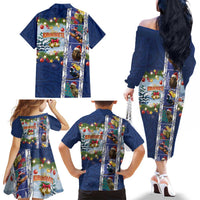 New Zealand Merry Christmas Family Matching Off The Shoulder Long Sleeve Dress and Hawaiian Shirt Maori Animals, Koru Tattoo - Blue Xmas Style LT03 - Polynesian Pride