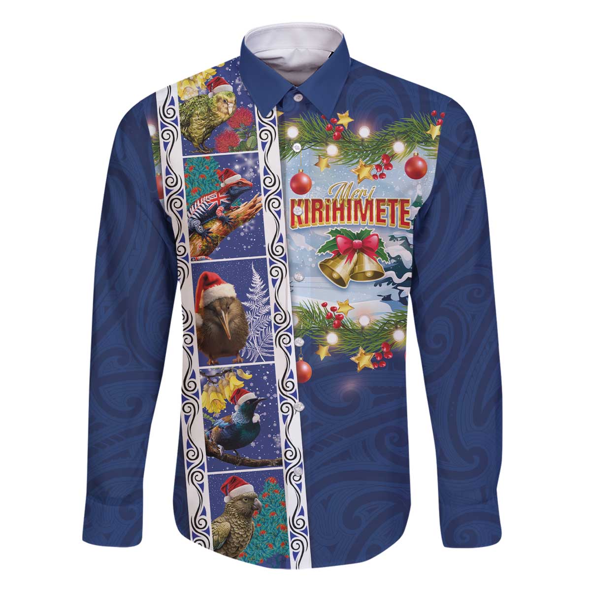 New Zealand Merry Christmas Family Matching Off The Shoulder Long Sleeve Dress and Hawaiian Shirt Maori Animals, Koru Tattoo - Blue Xmas Style LT03 Dad's Shirt - Long Sleeve Blue - Polynesian Pride