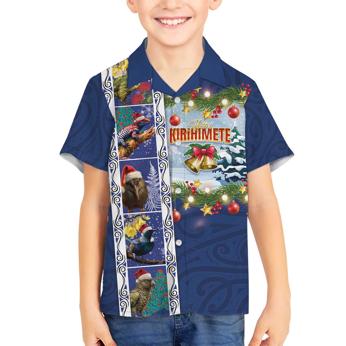 New Zealand Merry Christmas Family Matching Off The Shoulder Long Sleeve Dress and Hawaiian Shirt Maori Animals, Koru Tattoo - Blue Xmas Style LT03 Son's Shirt Blue - Polynesian Pride