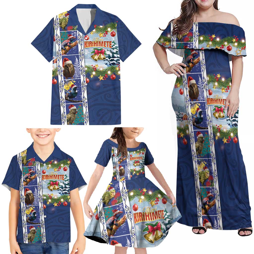 New Zealand Merry Christmas Family Matching Off Shoulder Maxi Dress and Hawaiian Shirt Maori Animals, Koru Tattoo - Blue Xmas Style LT03 - Polynesian Pride