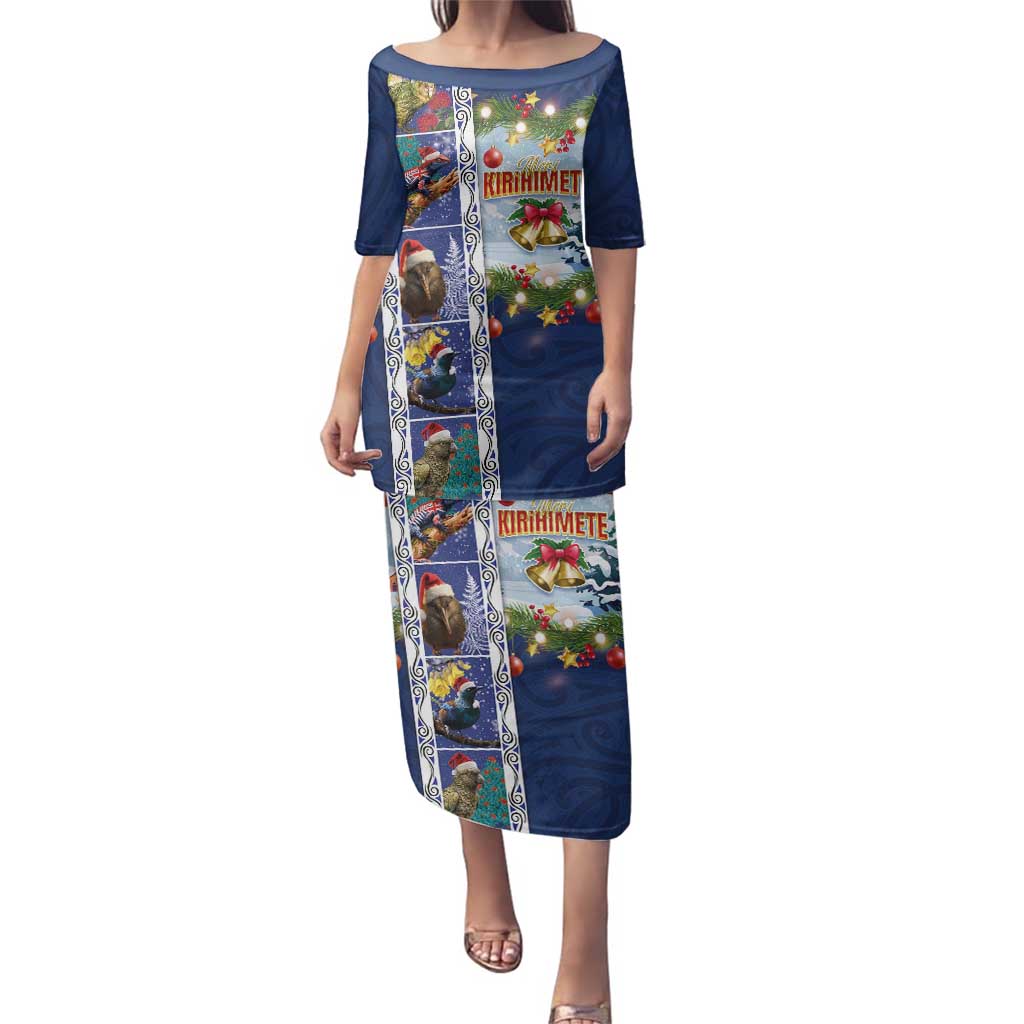 New Zealand Merry Christmas Family Matching Puletasi and Hawaiian Shirt Maori Animals, Koru Tattoo - Blue Xmas Style LT03 Mom's Dress Blue - Polynesian Pride