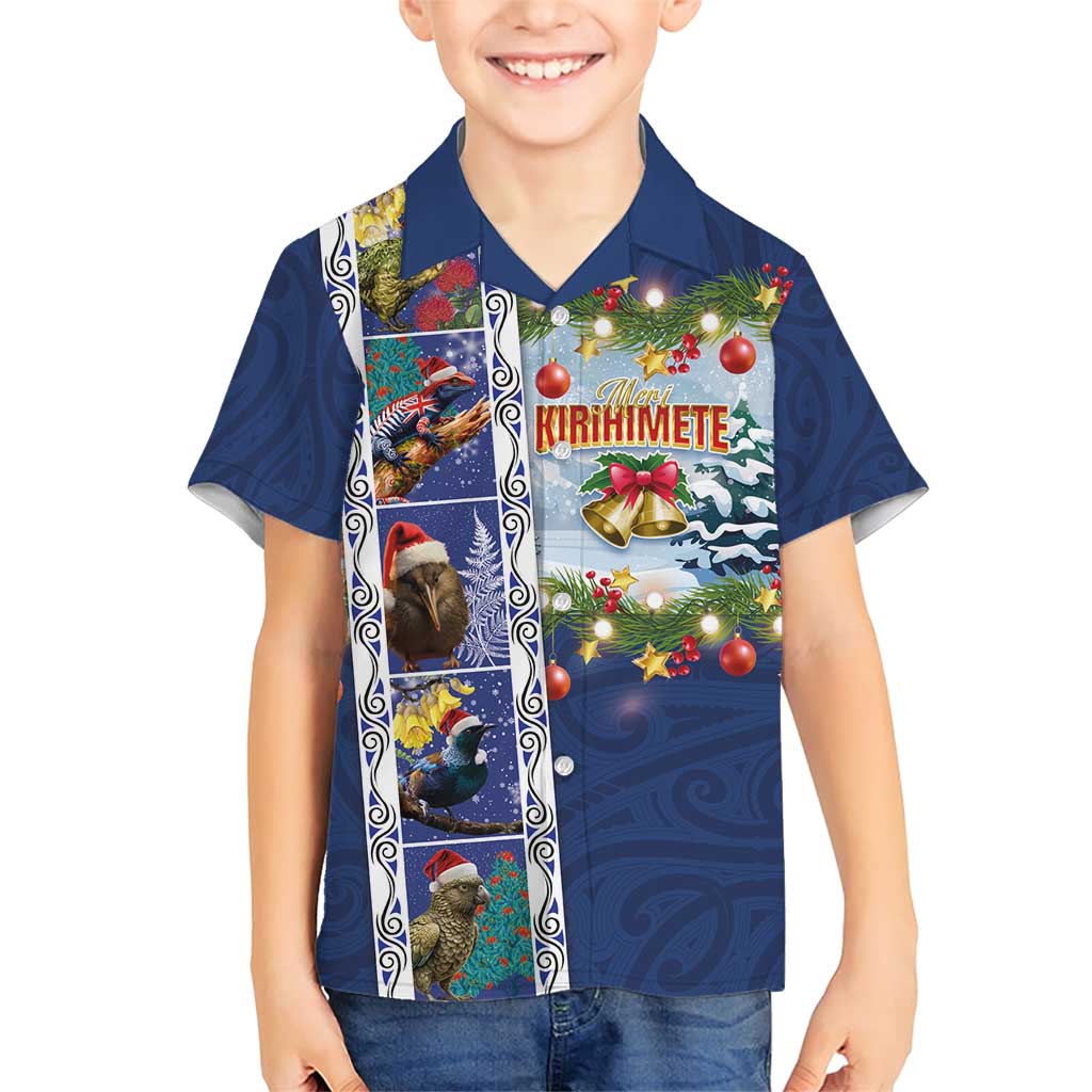New Zealand Merry Christmas Family Matching Short Sleeve Bodycon Dress and Hawaiian Shirt Maori Animals, Koru Tattoo - Blue Xmas Style LT03 Son's Shirt Blue - Polynesian Pride