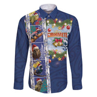 New Zealand Merry Christmas Family Matching Tank Maxi Dress and Hawaiian Shirt Maori Animals, Koru Tattoo - Blue Xmas Style LT03 Dad's Shirt - Long Sleeve Blue - Polynesian Pride