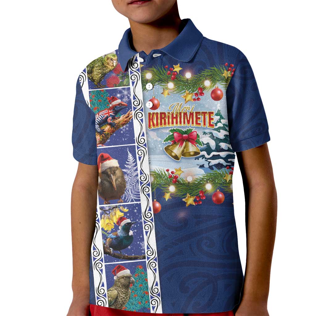 New Zealand Merry Christmas Kid Polo Shirt Maori Animals, Koru Tattoo - Blue Xmas Style LT03 Kid Blue - Polynesian Pride