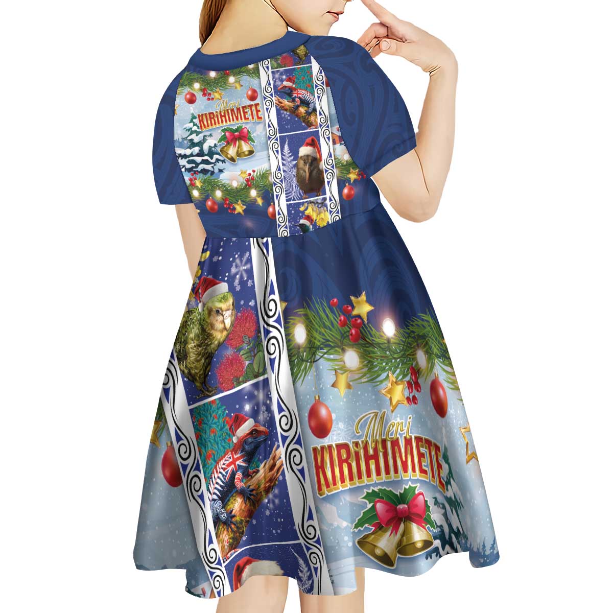 New Zealand Merry Christmas Kid Short Sleeve Dress Maori Animals, Koru Tattoo - Blue Xmas Style LT03 - Polynesian Pride
