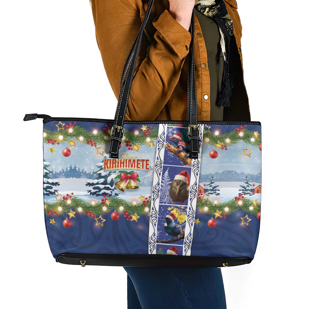 New Zealand Merry Christmas Leather Tote Bag Maori Animals, Koru Tattoo - Blue Xmas Style LT03 - Polynesian Pride