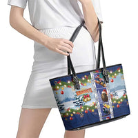 New Zealand Merry Christmas Leather Tote Bag Maori Animals, Koru Tattoo - Blue Xmas Style LT03 - Polynesian Pride